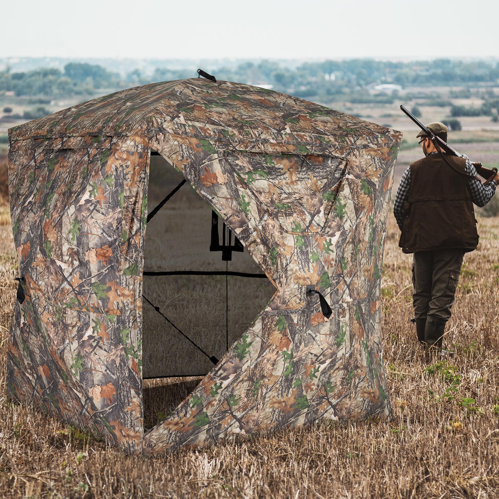 COSTWAY Tenda da Caccia per 2-3 Persone, Tenda Mimetica a 270° per Caccia, Tenda Pop-Up Camouflage con Porta Magnetica Silenziosa, 4 Finestre e Borsa da Trasporto, 146 x 146 x 170 cm