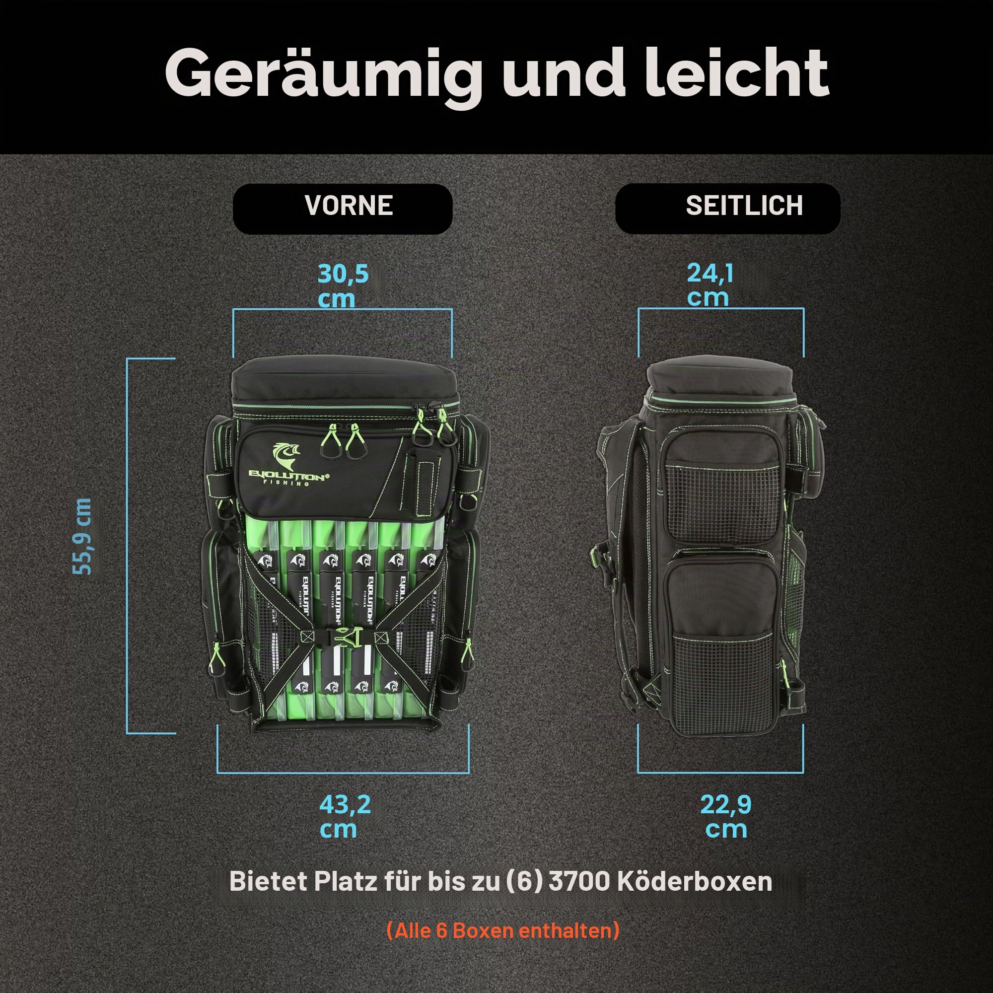 Evolution Fishing Drift-Serie 3700 Angelrucksack mit QuikLatch-System und 2 Rutenhaltern, robust, mit 6Tackle-Boxen, Grün