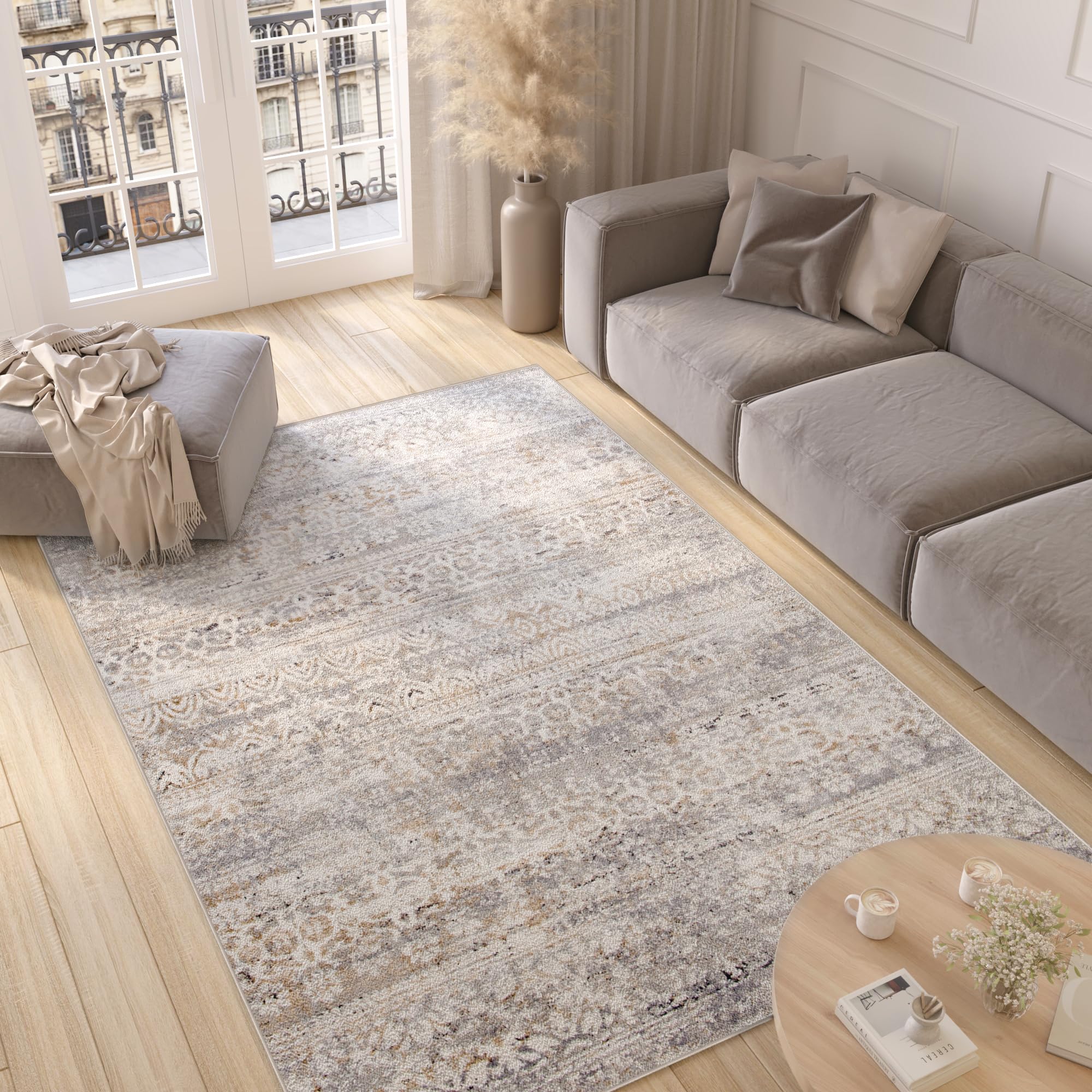 TAPISO Valley Alfombra de Pelo Corto Brillante Suave Diseño Moderno Vintage Gris Beige Crema Alfombra de Salón Dormitorio Habitación Comedor Oeko-Tex 80 x 150 cm OEKO-TEX STANDARD 100