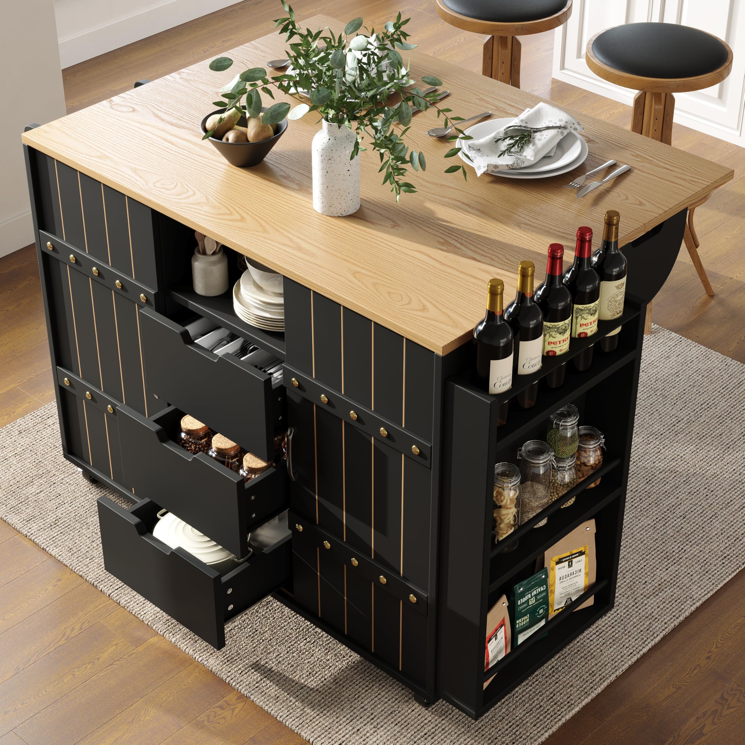 isla de cocina, carro de cocina, carro de comedor extensible con ruedas y encimera, carro de servicio con especiero y 8 cajones, negro