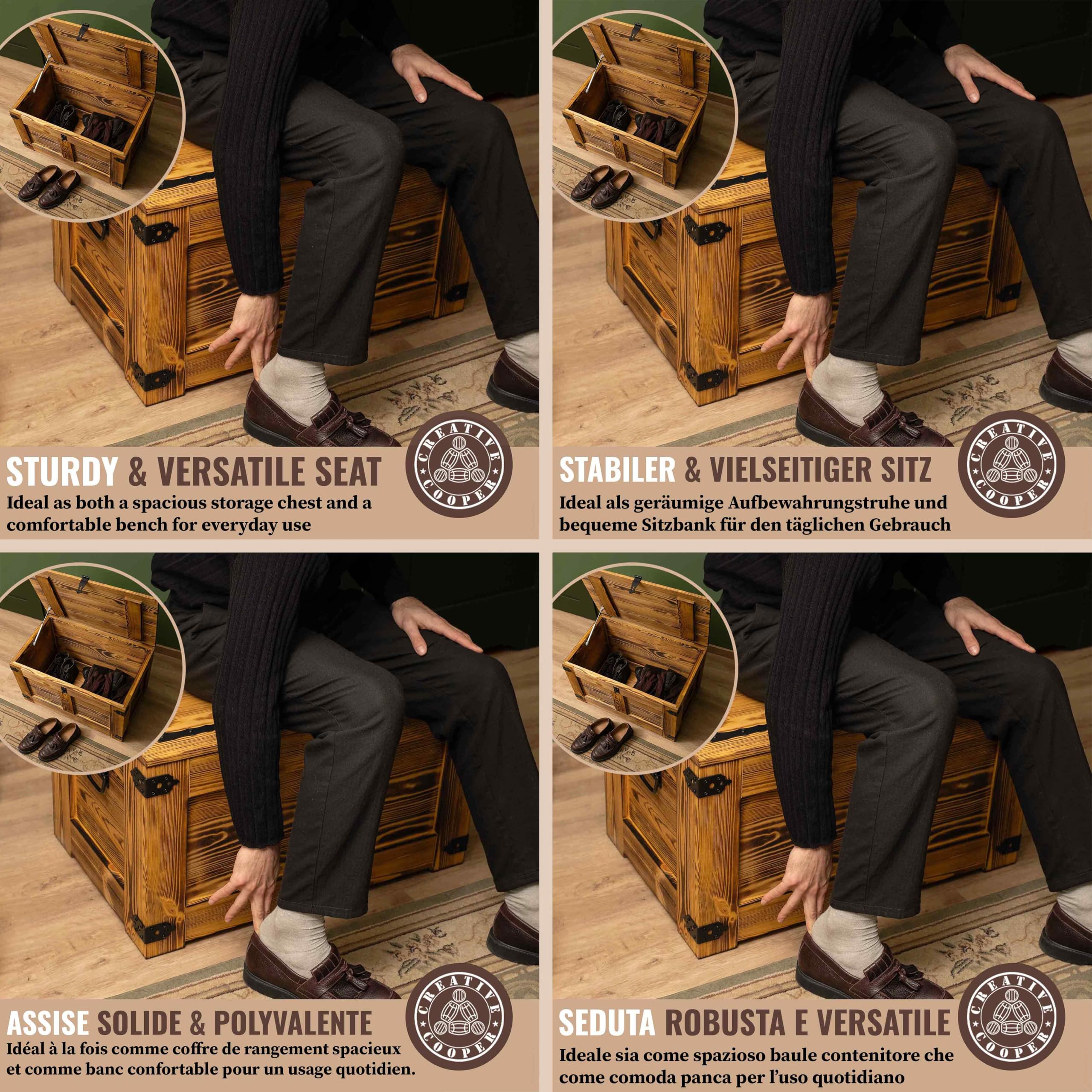 CREATIVE COOPER Caja de madera multifuncional con diseño de cofre del tesoro, caja de almacenamiento, mesa rústica, juguetes, 77 x 49 x 45 cm, hecha a mano de roble con aceite de madera ecológica
