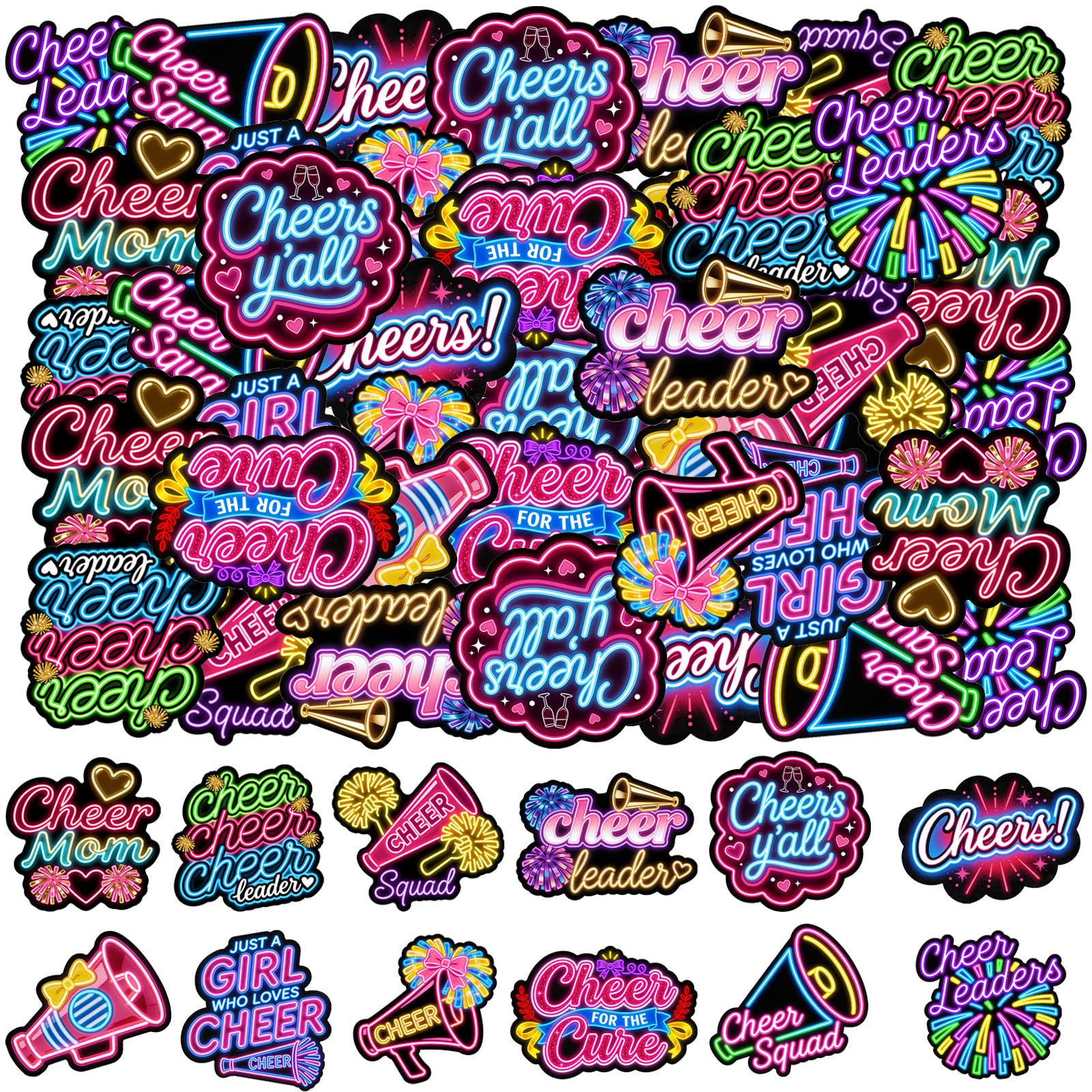 120PCS Cheer Stickers Cheerleading Decorations Party Gifts, Neon Waterproof Vinyl Decals, Cheer Gifts Party Favors for Birthday Team School Teens, Laptop Water Bottle Luggage Helmet Stickers