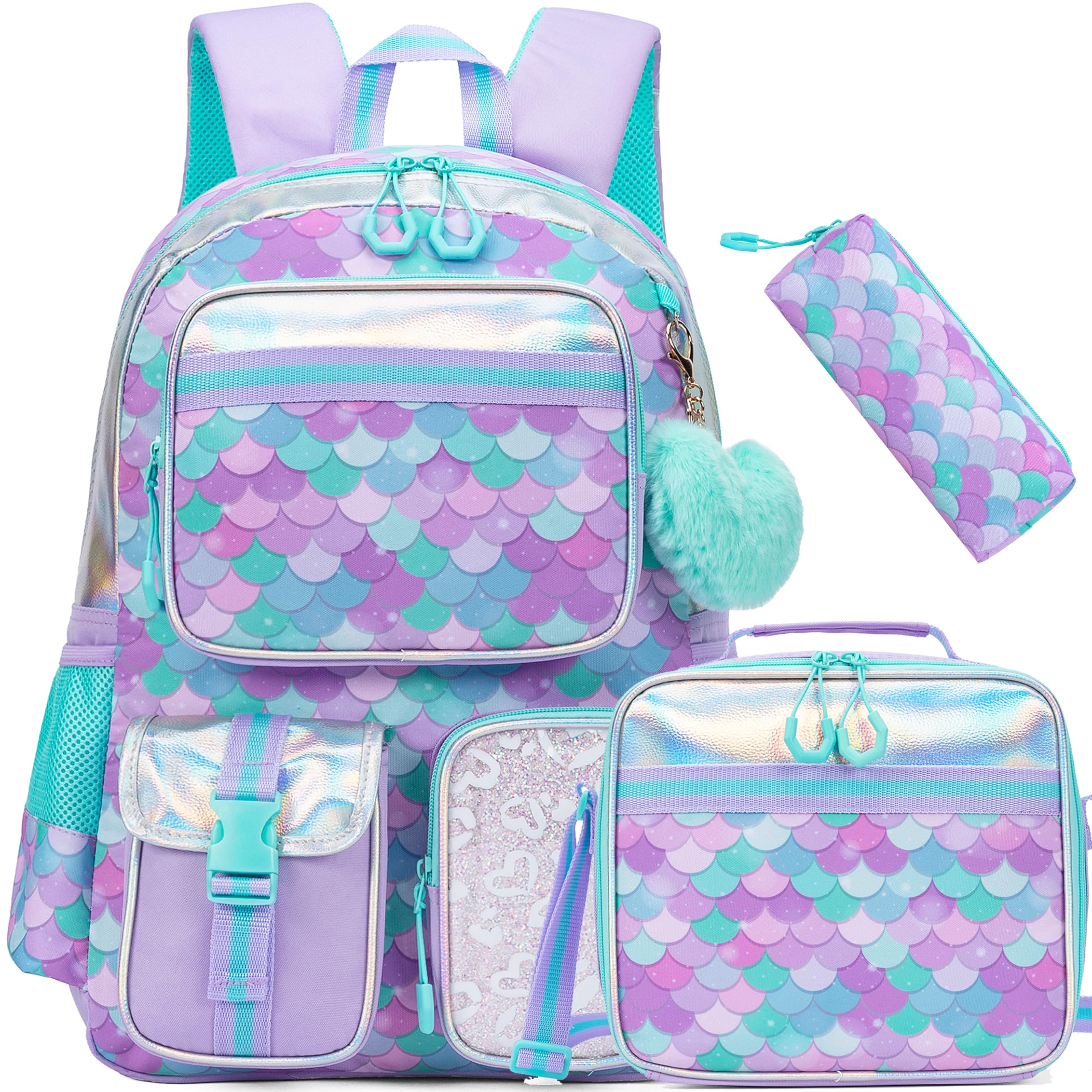 Meetbelify Mermaid Backpack for Girls School Backpack with Lunch Box for Elementary Student Cute School Bag Kids Bookbag for Girls 8-10