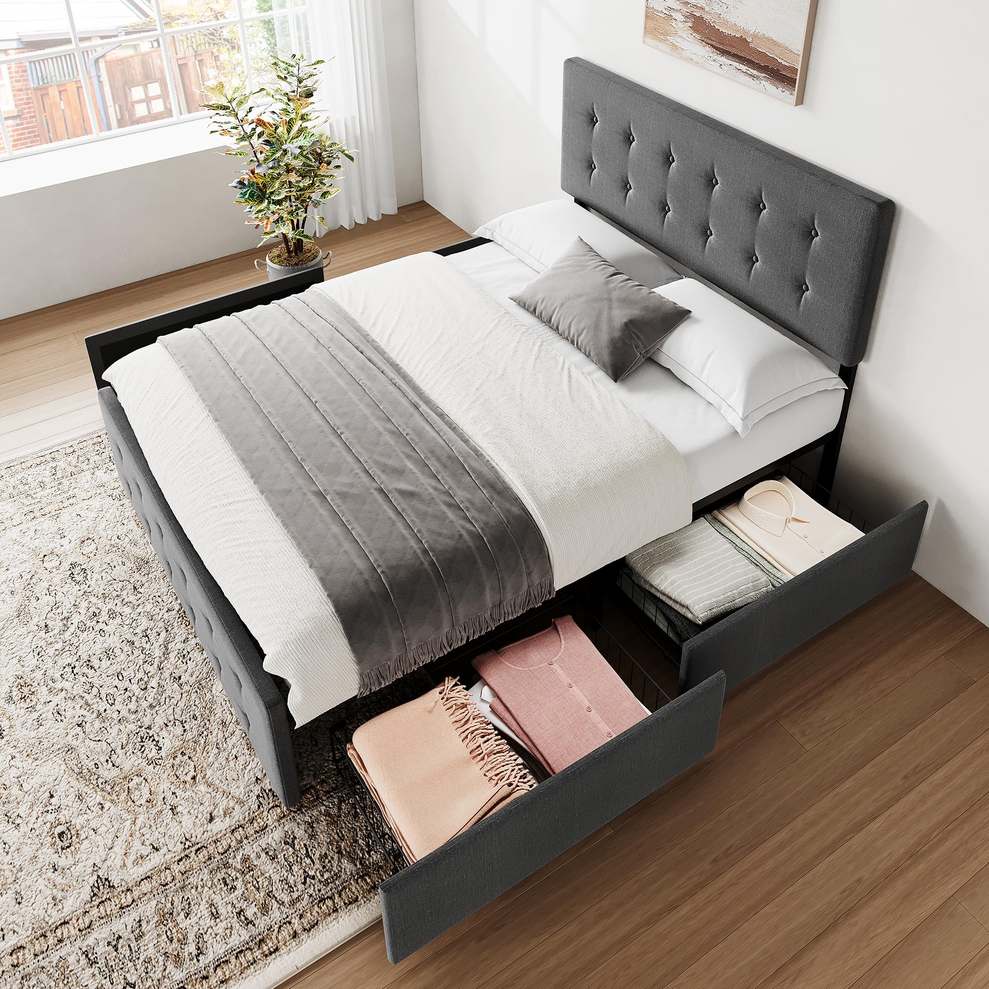 IDEALHOUSE Full Size Bed Frame with 4 Storage Drawers