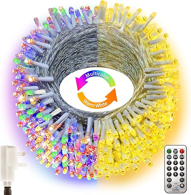 Heceltt Outdoor Christmas Lights, 50m 500 LED Color Changing String Lights, Plug in with 11 Modes & Remote, Mains Powered for Garden Yard Tree Wedding Party Festival Decor - Warm White to Multicolor