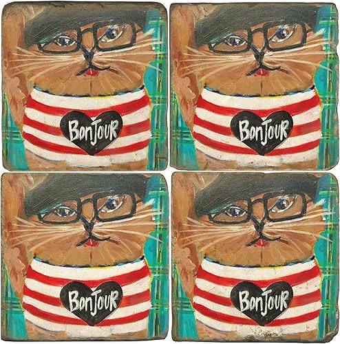 Studio Vertu, Bonjour - Juego de 4 posavasos de mármol botticino con diseño de gato francés de 4.25 pulgadas