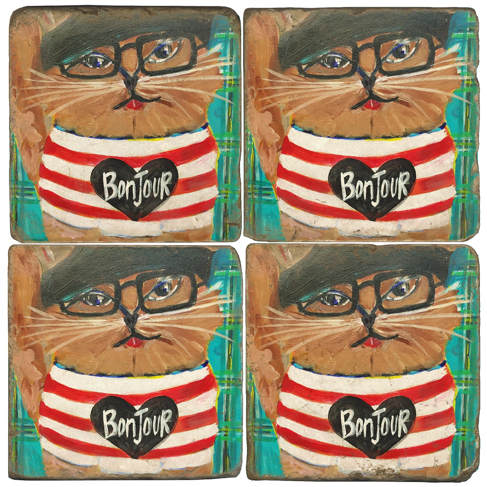 Studio VertuSet of 4, Bonjour French Cat Tumbled Botticino Marble 4.25" Coasters