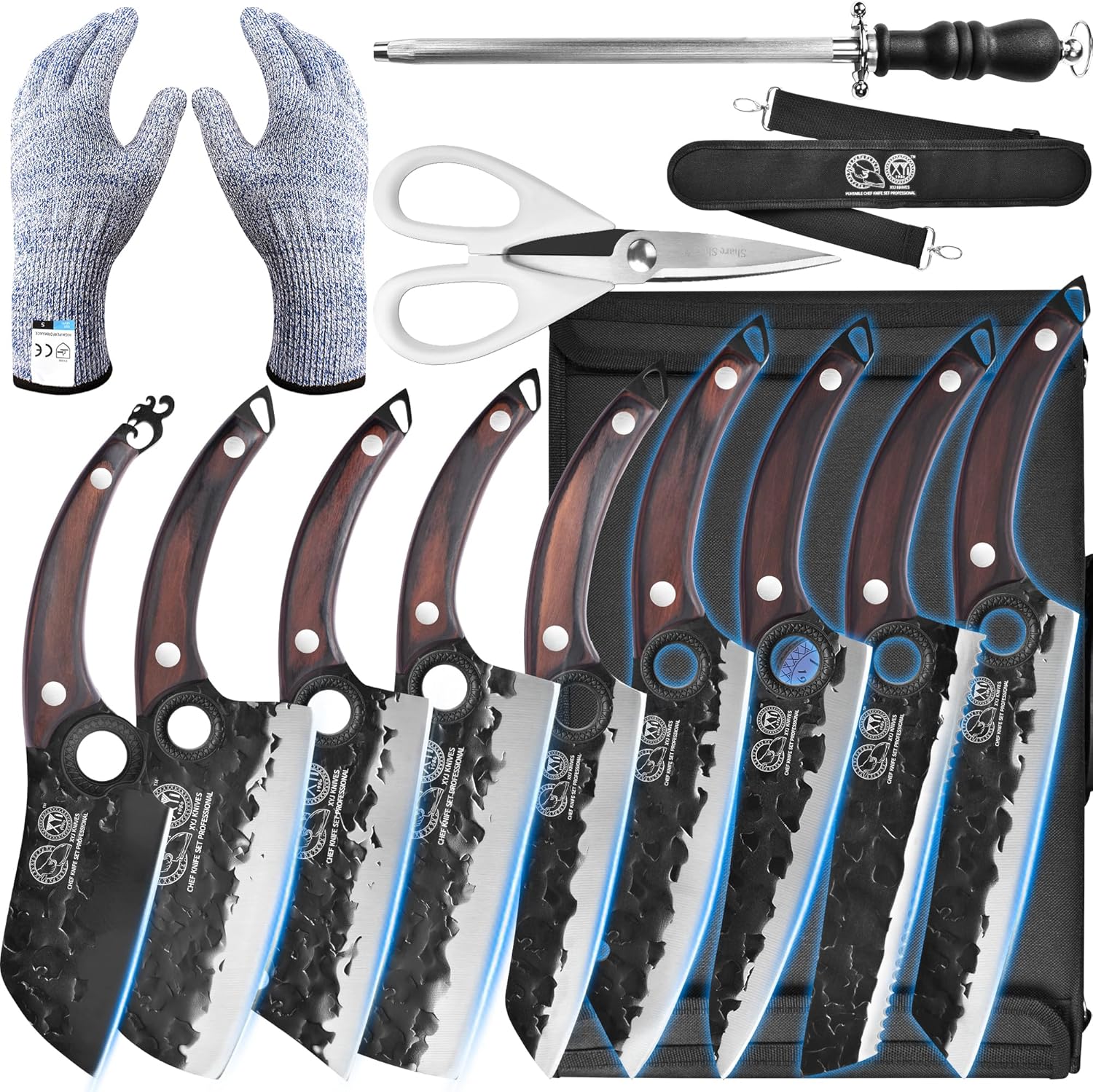XYJ Professional Kitchen Knife Set with High-Carbon Steel Forged Blades, Chef's Knife, Cleaver, Carving Knife, Nakiri, Full Tang Design, Includes Carrying Bag & Poultry Scissors