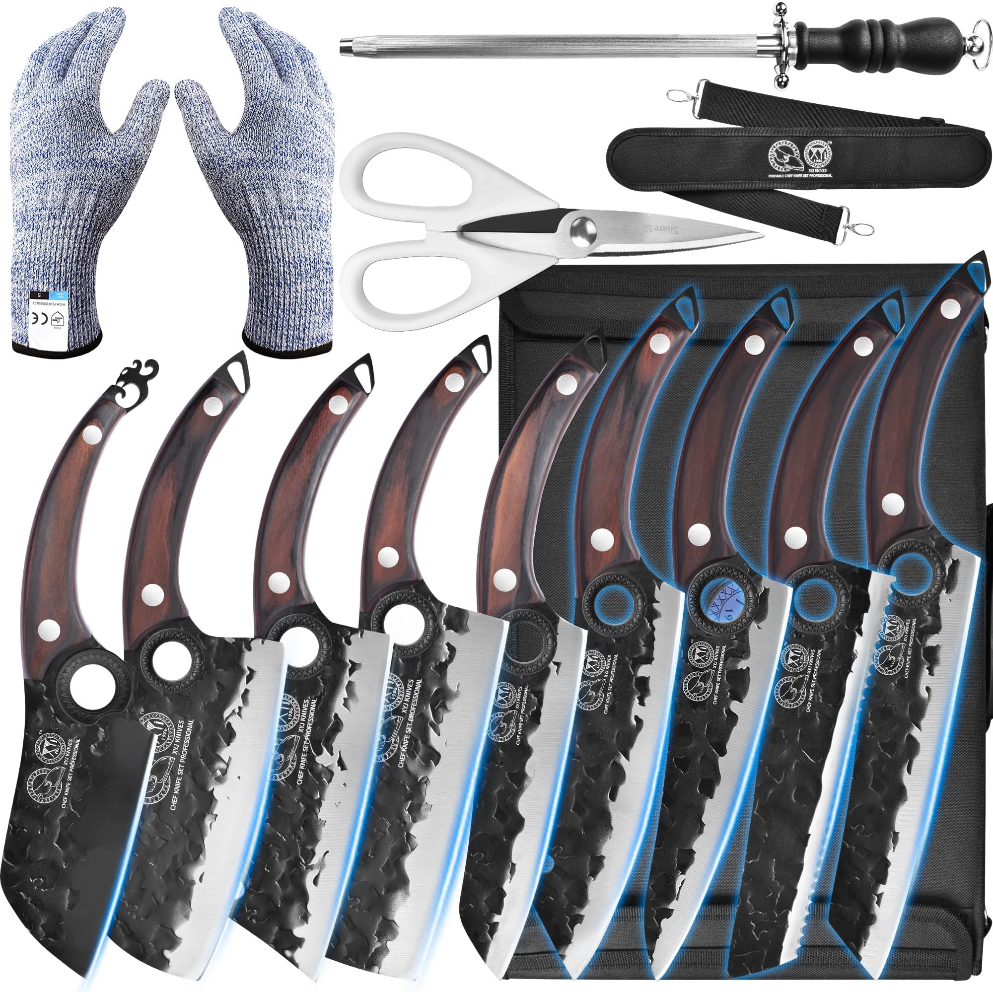 XYJ Professional Serbian Chef Knife Set with Roll Bag, Japanese Culinary Knives, Meat Cleaver, Kitchen Chopping Knife, and Protective Sleeves, Perfect for Home Cooking or Outdoor Camping