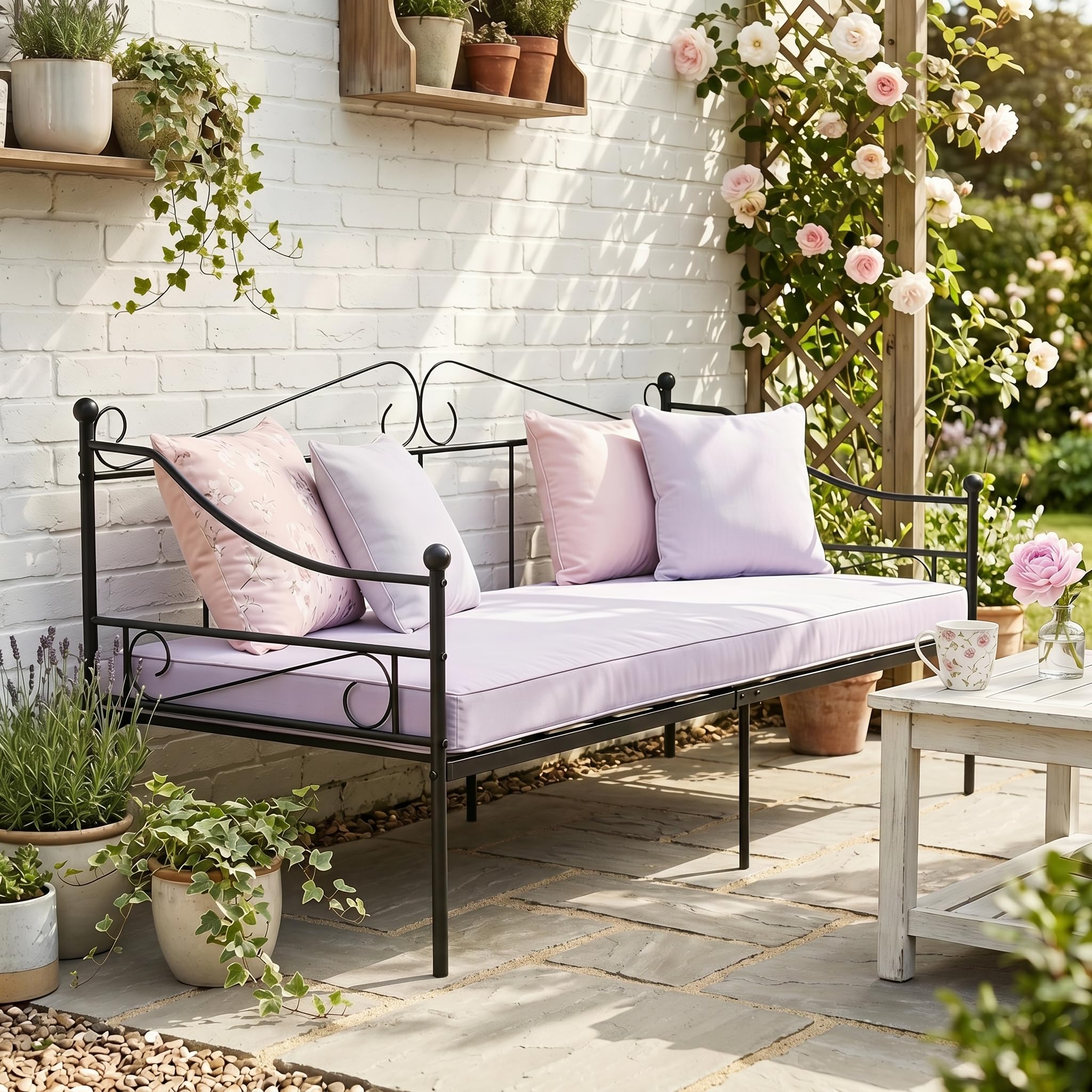 Daybed Outdoor Sofa Bett Bettgestell für 90x190CM Matratze, Familienbett Gästebett Metallbett Couchbett Sofabed Tagesbett Jugendbett Einzelbett für Schlafzimmer Wohnzimmer Veranda/Schwarz(Stil-A)