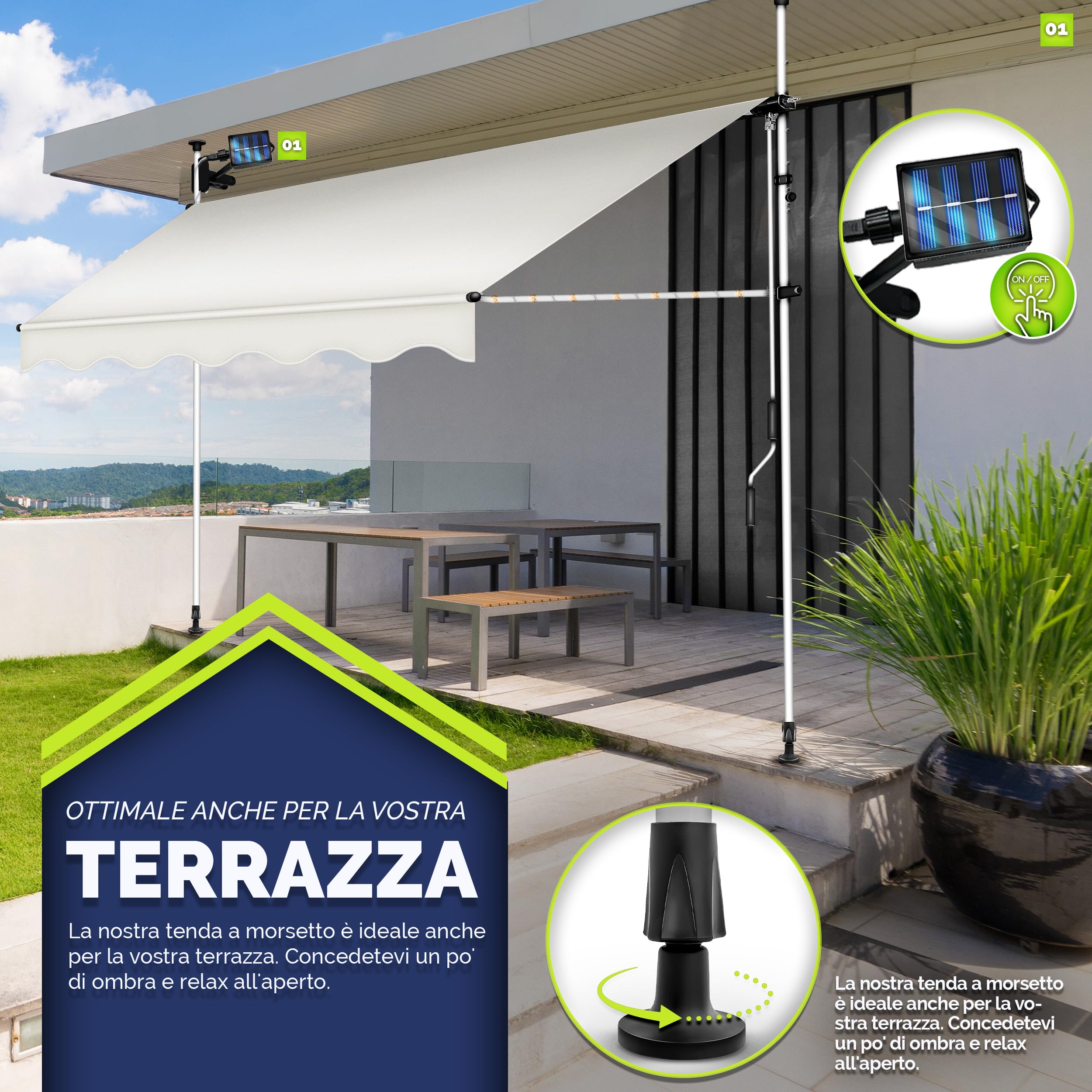 tillvex Tenda da Sole a Bracci con Manovella | Protezione Balcone, Regolabile, Senza Forare, a Manovella | Tenda resistente per Esterno ai raggi UV e regolabile in Altezza (300cm, Beige con LED)