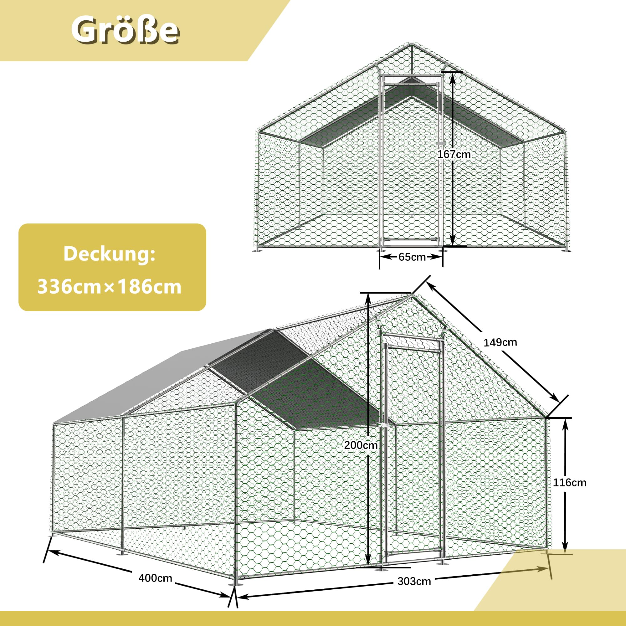 Redkid 12m² Metall Freilaufgehege Hühnerstall 3x4x2m - Mit Wasserdichtetem PE-Tuch und Sicherheitsschloss - hühnergehege freilauf groß für Hühner, Kaninchen und Verschiedene Kleintiere (3×4×2m)