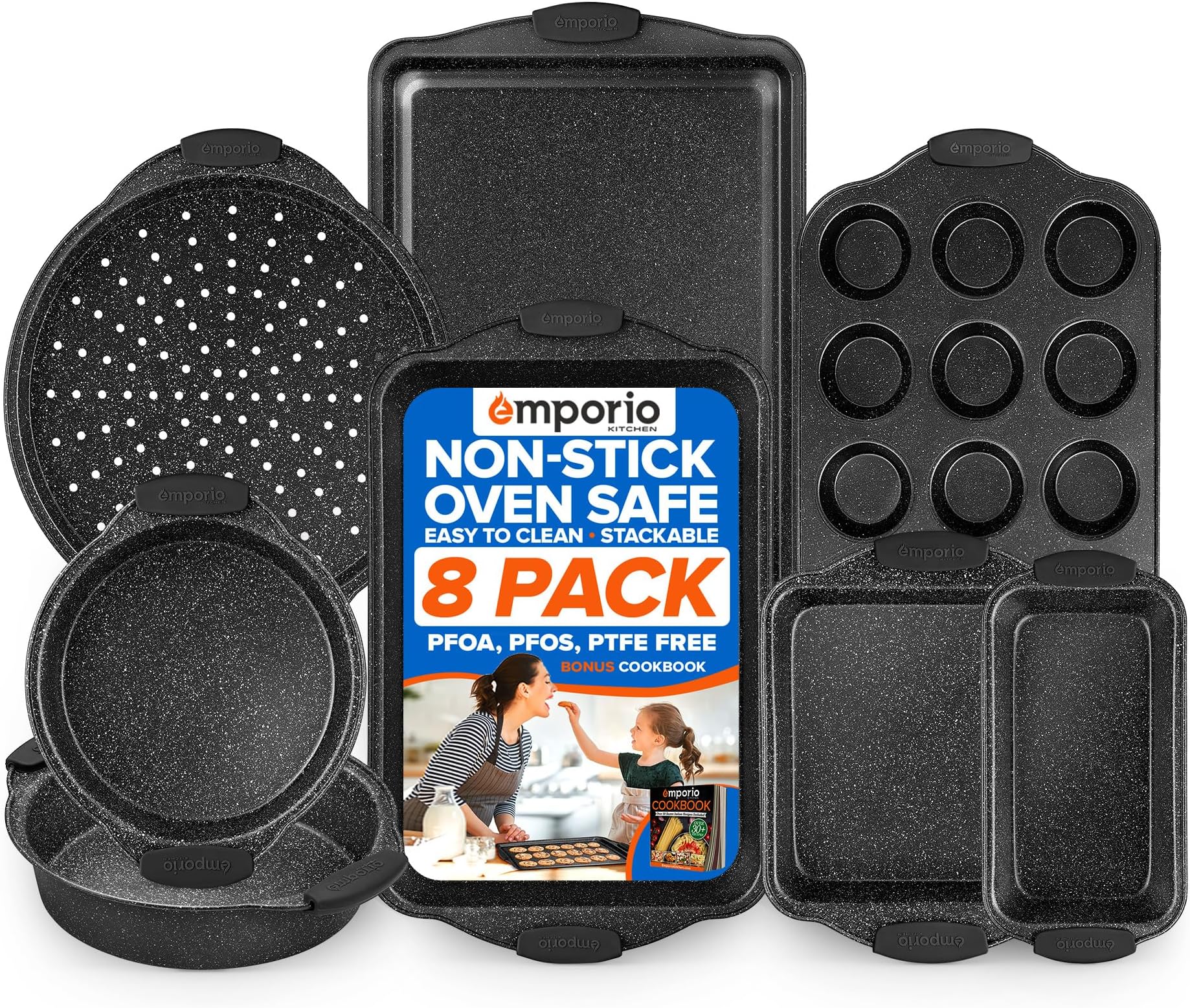 Baking Pan Set - Nonstick Coating, Carbon Steel Bakeware Sets with Gray Silicone Handles, PFOA, PFOS, PTFE Free, Recipe Booklet Included, Oven Safe Tray (Up To 450° F), Set of 8 - Gray