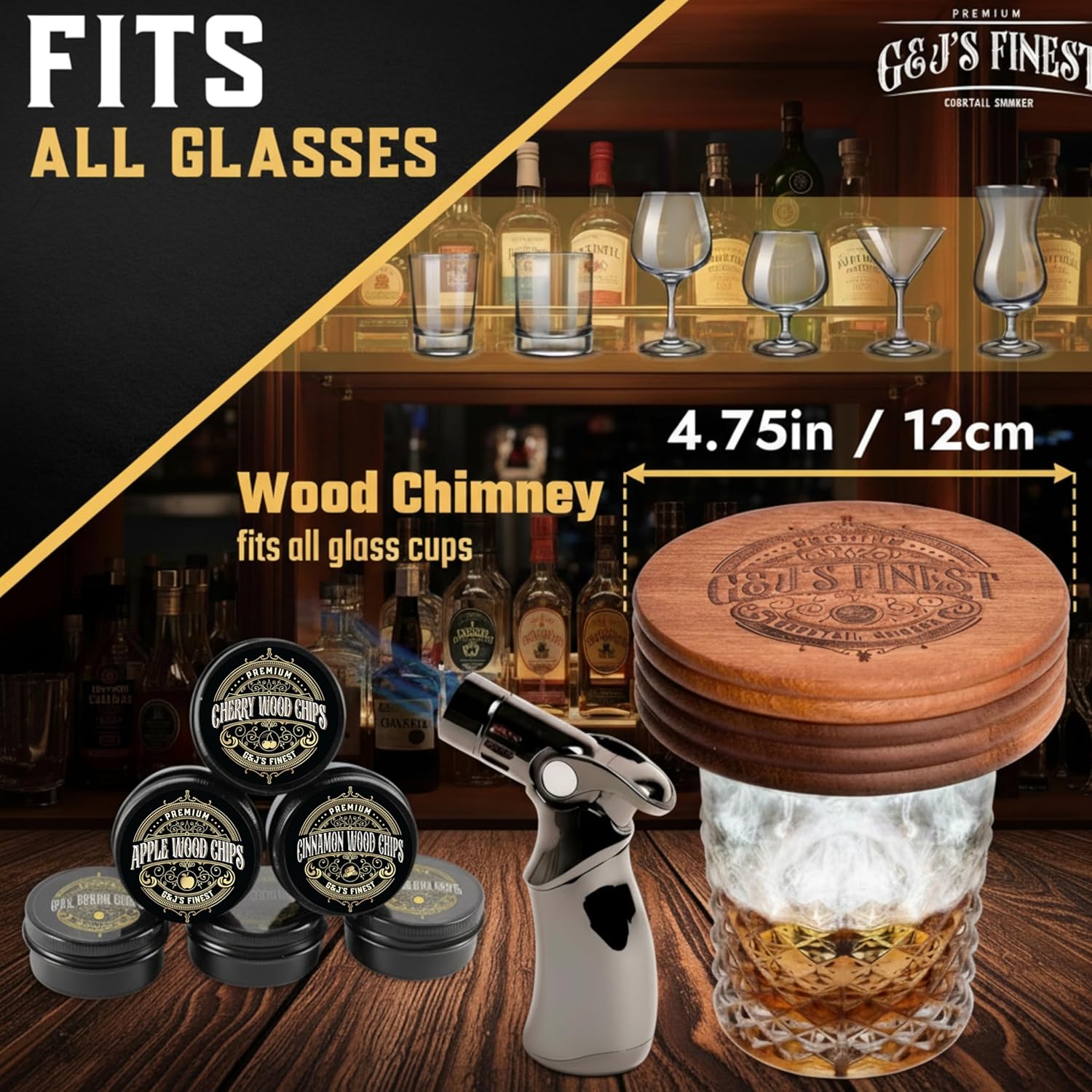 Whiskey Smoker Kit | Cocktail Smoker Kit| Bourbon Smoker Kit| Old Fashioned Smoker Kit with Quad Flame Torch, 6 Wood Chips & Wooden Box for Smoking Drinks| Whiskey Gift for Men (No Butane Incl.) - Image 7