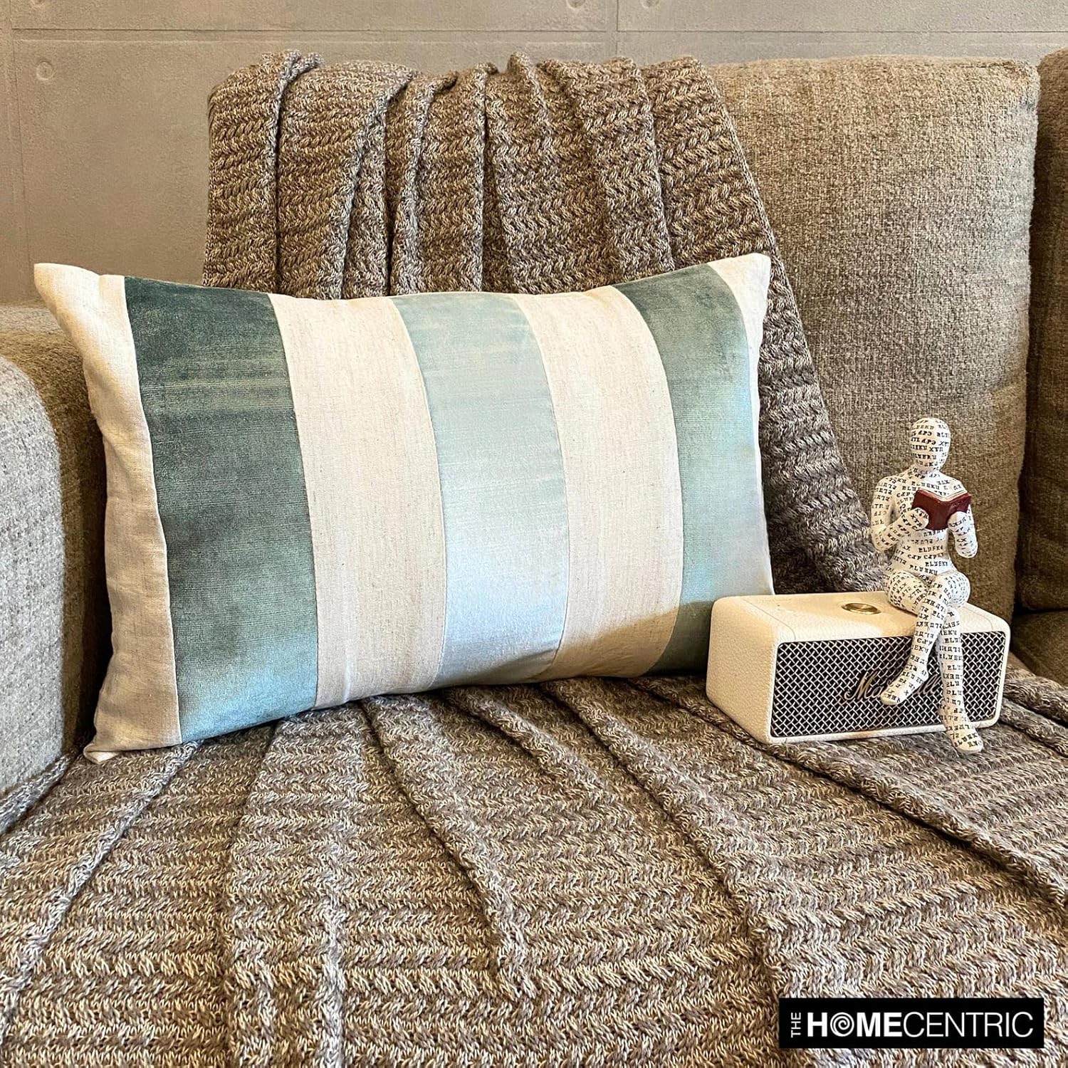 The HomeCentric Decorative Lumbar Pillow Cover Blue, 12"x16" (30x40 cm) Velvet Patchwork, Velvet, Striped Pillow Covers for Sofa, Couch, Bed, and Outdoor, Patchwork Modern Style - Swathe Ice