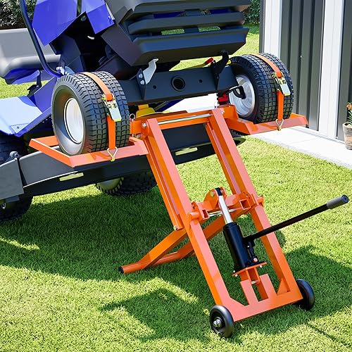Riding Mower Lift 500lbs with Saves Effort Hydraulic Handle &Safety Ratchet Belt, Zero Turn Mower Lift Foldable Design Easy Storage, Lawnmower Jack for Lawn Mowers and Garden Tractors (Orange