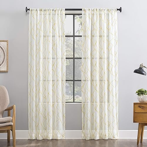 Vista 14 de No. 918 Fraction - Juego de 2 paneles de cortina de bolsillo para barra de mediados de siglo, moderno con bordado geométrico semitransparente Negro