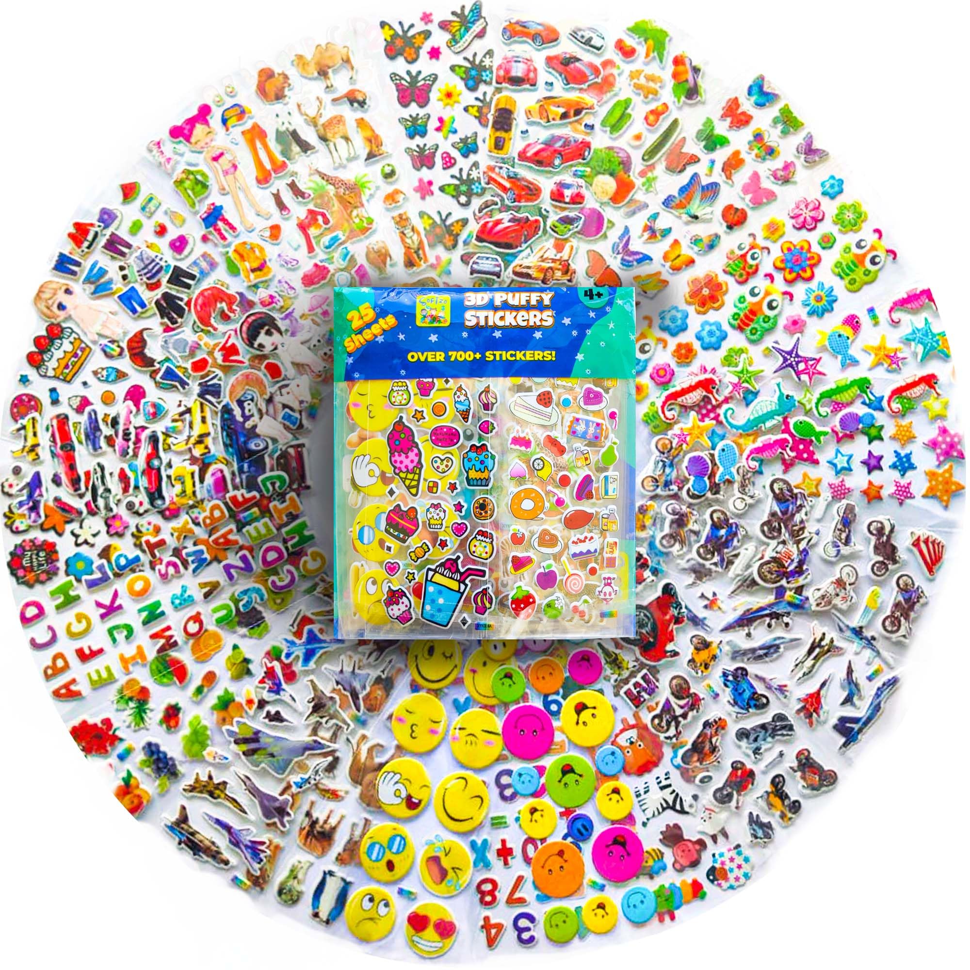 3D Stickers for Children - 25 Puffy Sheets with 700+ Kids Stickers - Perfect for Party Bag Fillers, Scrapbooking, Fun with Stickers of Cars, Letters, Numbers, Dinosaur, Stars, Alphabet & More