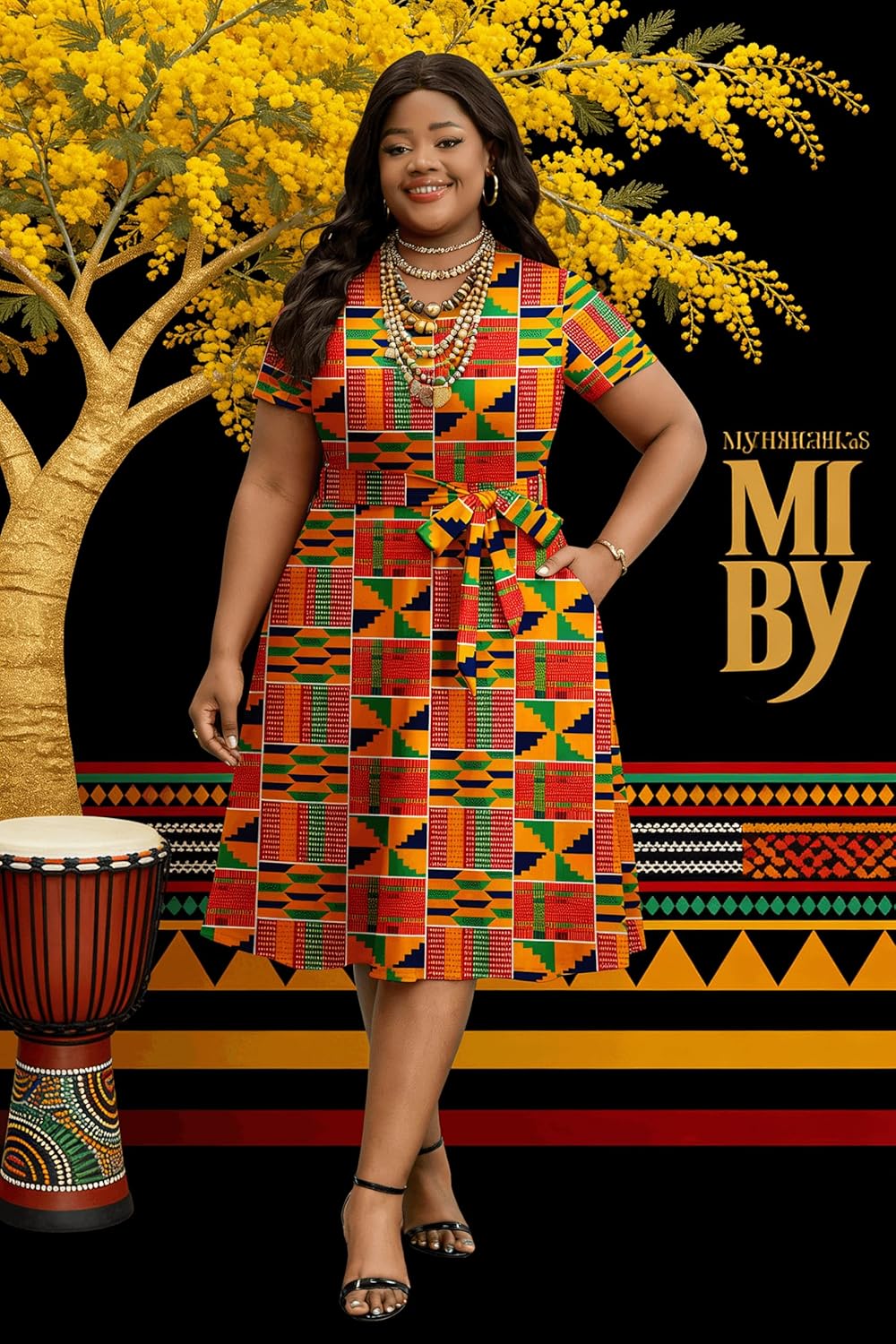 FANDEE Plus Size Dresses, Women Summer Casual V Neck Short Sleeve A-Line Cocktail Shirt Midi Dress with Belt and Pockets - Image 2