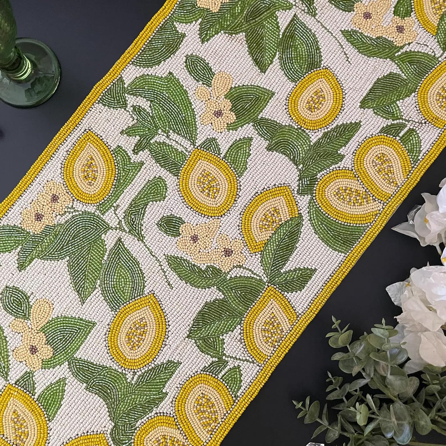Amazon.com: Handmade Table Runner, Lemon and Leaves Beaded Runner ...