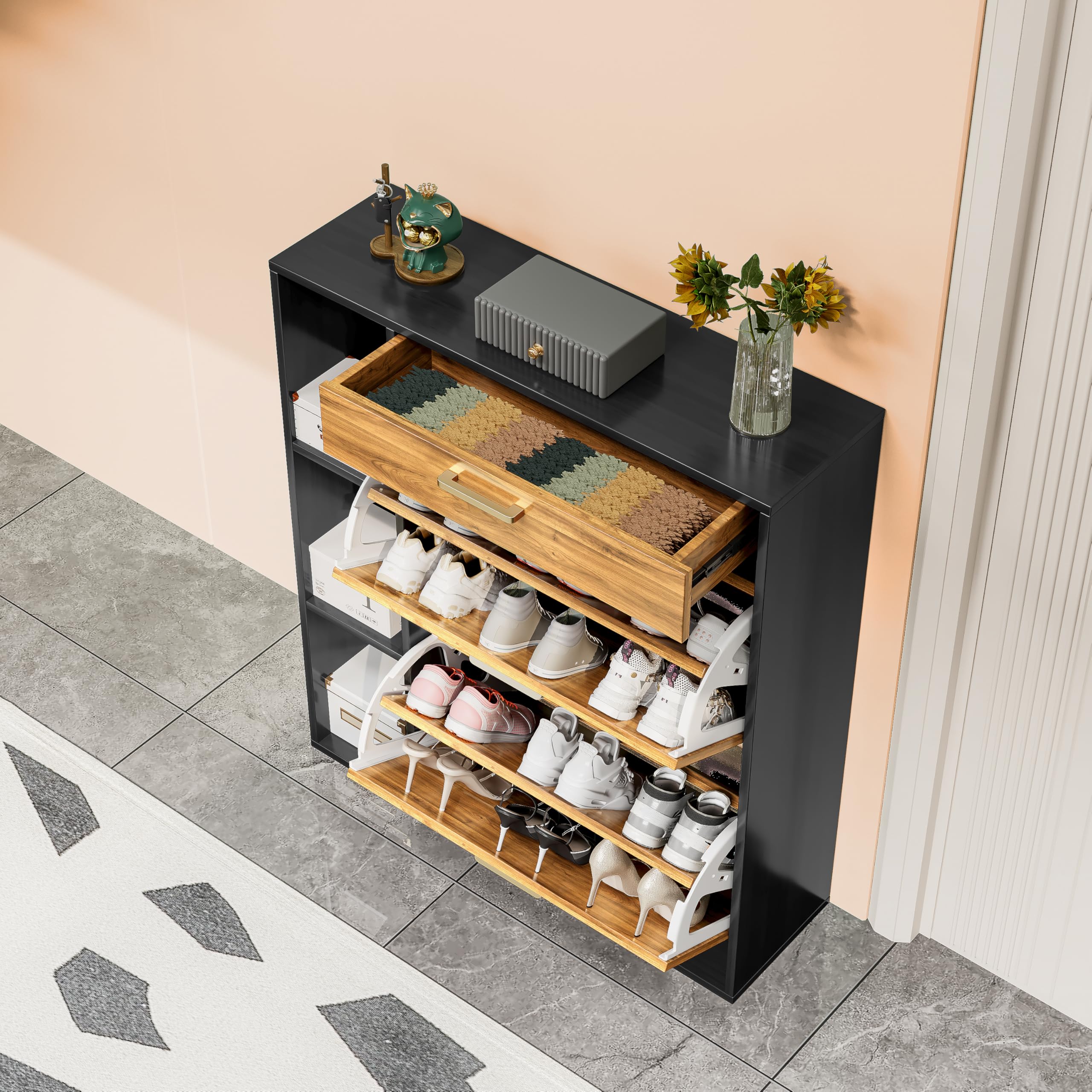 Schuhschrank mit 2 Klappen Schmal Schuhschrank mit 1 Schublade und 3 Ablagefächer platzsparender Schuhregal für 18-24 Paar Schuhe für Eingang Flur, 80x24x90cm Schwarz Orange