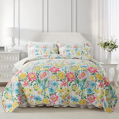 Vista 156 de NEWLAKE Juego de colcha de algodón, juego de colcha reversible de retazos, estampado real clásico turquesa, tamaño Queen Turquesa Clásico