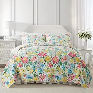 NEWLAKE Quilt Bedspread Sets- Dreamy Flowers Reversible Coverlet Set,Queen Size