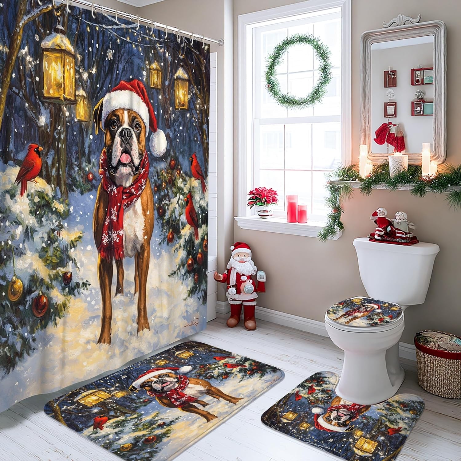 4PCS Christmas Boxer Dog Bathroom Sets with Non-Slip Rug, U Shape Toilet Lid Cover Mat, Winter Cardinal Xmas Puppy Bathroom Decoration 72''x72''