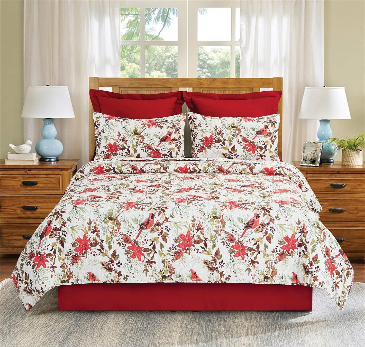C&F Home Averie Botanical Reversible Holly & Sprig Christmas Holiday Cardinal and Poinsettia King Quilt Set Machine Washable Cotton Quilt Set King 3 Piece Set Red