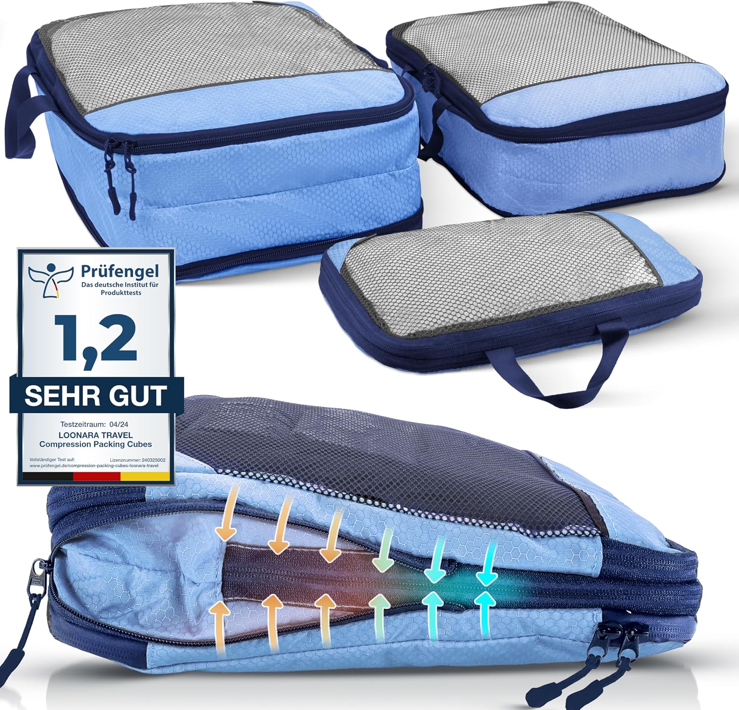 Kleidertaschen Set mit Kompression f&uuml;r Rucksack [3-teilig] - mehr Platz im Koffer oder Backpack durch &ndash; Packtaschen (blau)
