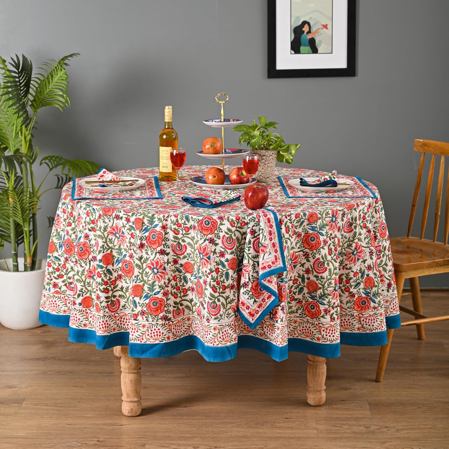 Mantel de algodón estampado a mano  Elegante diseño floral perfecto para mesa de comedor, cocina, fiestas, decoración del hogar, tapiz de pared