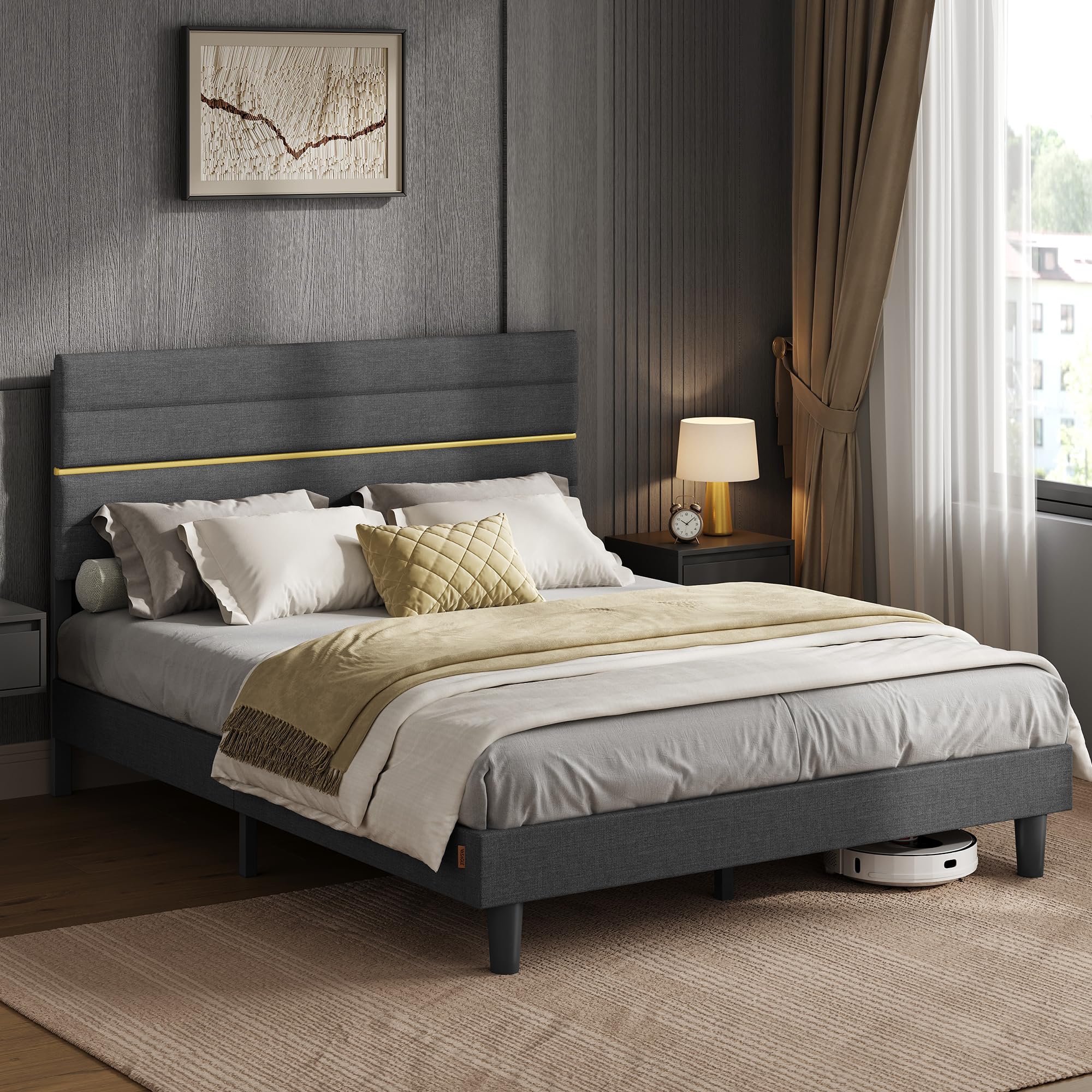 VASAGLE RMB505G01 Double Bed, Bed Frame, Fits Mattress 160 x 200 cm, Adjustable Upholstered Headboard, Metal, Solid Wood, Modern, Slate Grey