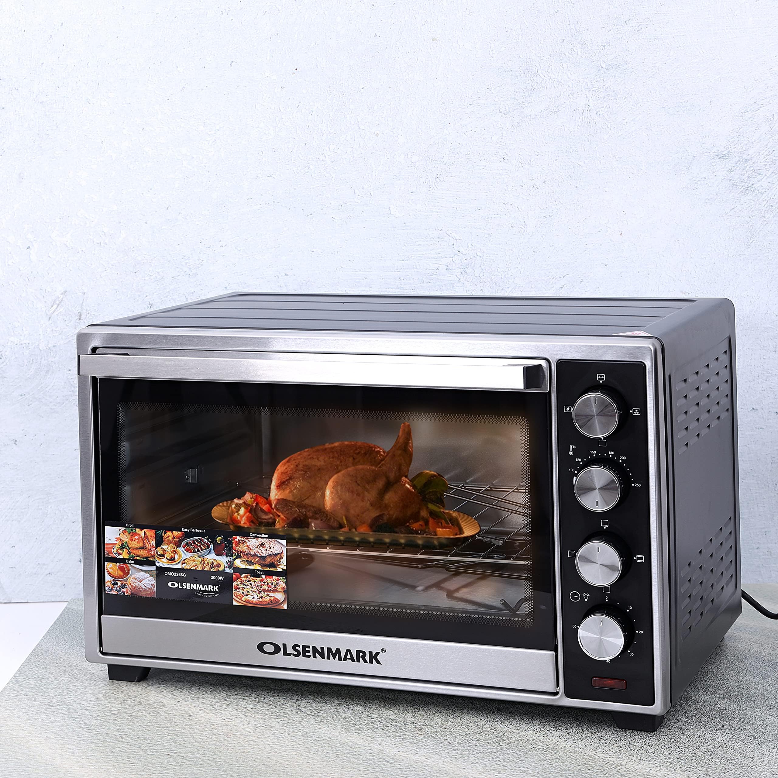 Olsenmark Electric Oven with Rotisserie, 45L - Electric Oven 2000W - 100-250 Adjustable Temperature, 60 min Timer Function - Multiple Cooking Functions & Grill - Accessories Included - 2 Year Warranty