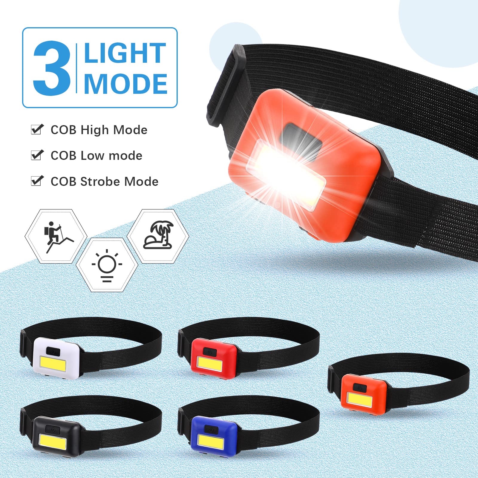 Treela 30 linternas LED para la cabeza, para exteriores, con diadema ajustable, con 3 modos, incluye 90 pilas AAA, brillantes e impermeables, para exteriores, noche, camping, senderismo, pesca