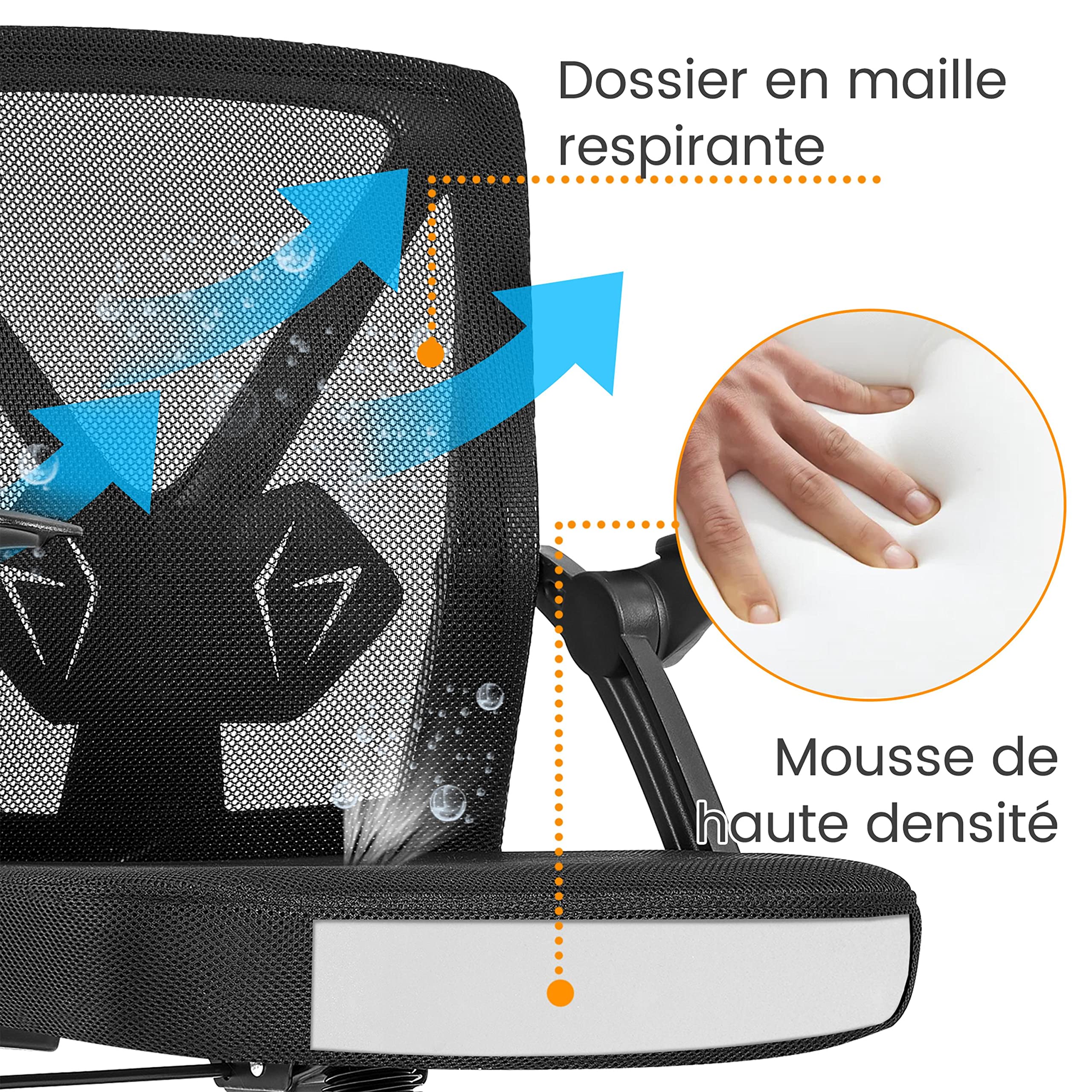 Abician Fauteuil de Bureau Fauteuil d’Ordinateur en Maille avec Accoudoirs Relevables Support Lombaire Ajustable Assise Rembourrée Réglable en Hauteur Noir