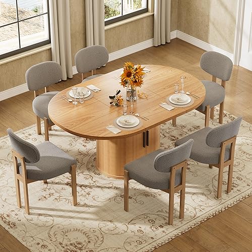 Miniatura 2 de Juego de mesa de comedor retro grande para 6, moderno juego de mesa de cocina ovalada con 6 sillas tapizadas, mesa de MDF sólida con estante