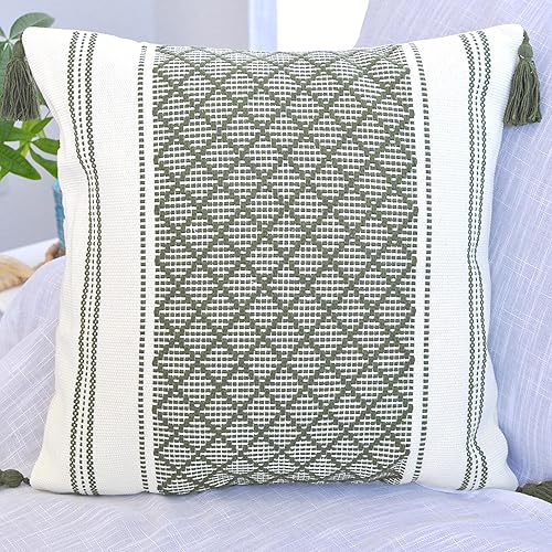 Miniatura 9 de Juego de 2 fundas de almohada geométricas a cuadros de 20 x 20 pulgadas, estilo bohemio, color verde oliva, con borlas de diseño, fundas de cojín