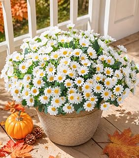 Daisy Artificial Flowers for Outdoors Autumn Fall Decoration, 6 Bundles Fake Mums White Silk Flowers for Outside Look Real UV Resistant Faux Flowers Plants for Planter Front Door Home Indoor Porch Urn