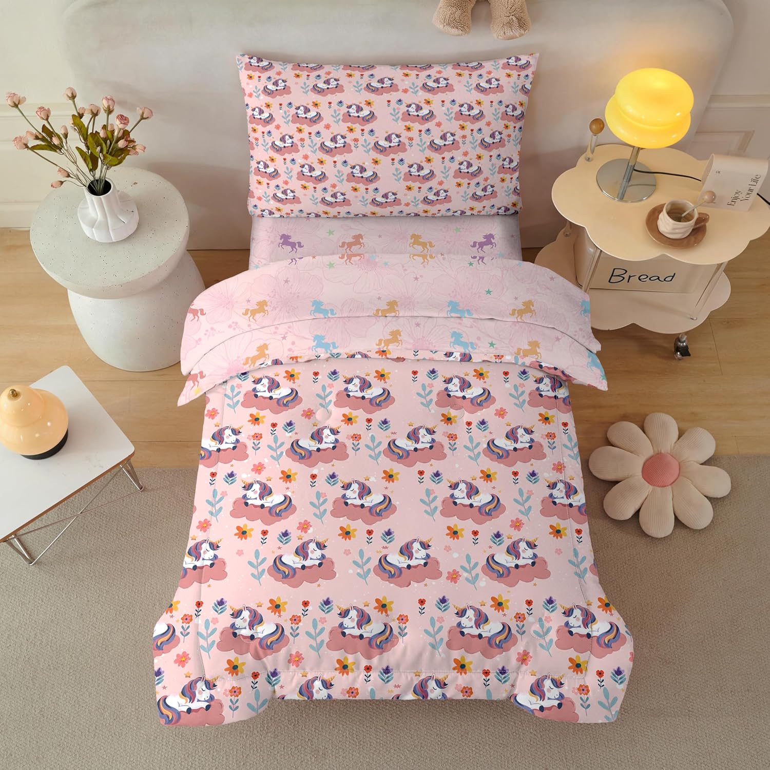 Unicorn Toddler Bedding Comforter for Girls,4 Pieces Soft Crib Unicorn Bed Set Including Comforter, Sheets and Pillowcase,Girls Bed in A Bag(Pink Color)