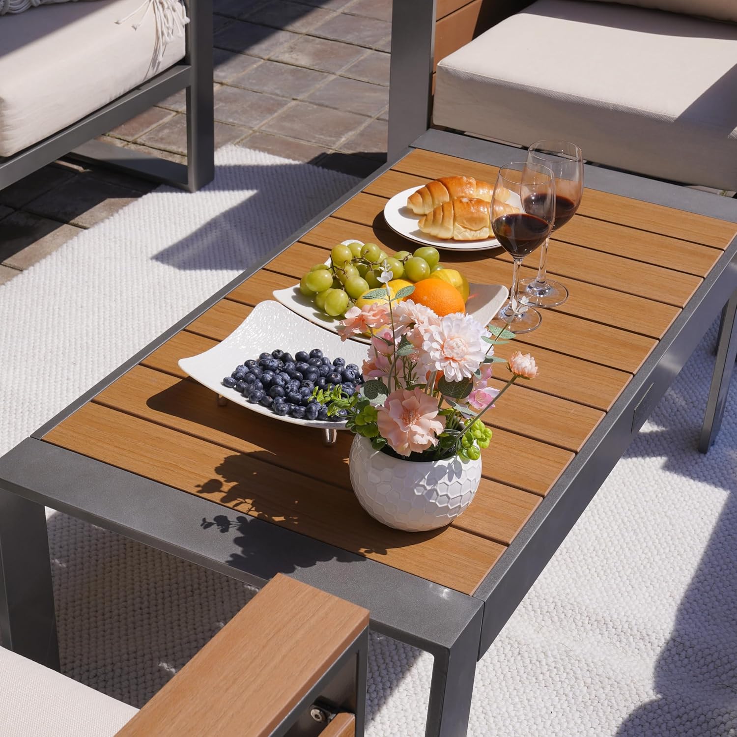 Sundale Outdoor Patio Coffee Table, Rectangble Outdoor Coffee Table with Glitter Shimmer Coated Aluminum Frame and Wood-Like Top, All Weather Patio Table for Patio, Balcony, Deck