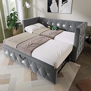 Gelukueub Upholstered Bed 90x190cm, Daybed Sofa Bed with with USB &Type C Charging Sations, 3FT Single Bed with Trundle,Pull out Trundle, for Living Room and Bedroom, Velvet (Gray)