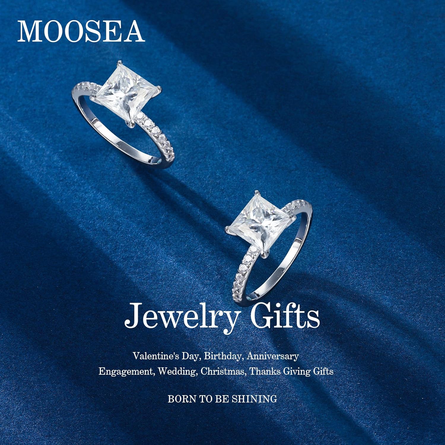 MOOSEA 2ct Princess Cut Moissanite Engagement Rings for Women, 925 Sterling Silver 14K White Gold Plated Jewelry Anniversary Birthday Gifts Wife Jewelry Moissanite Ring