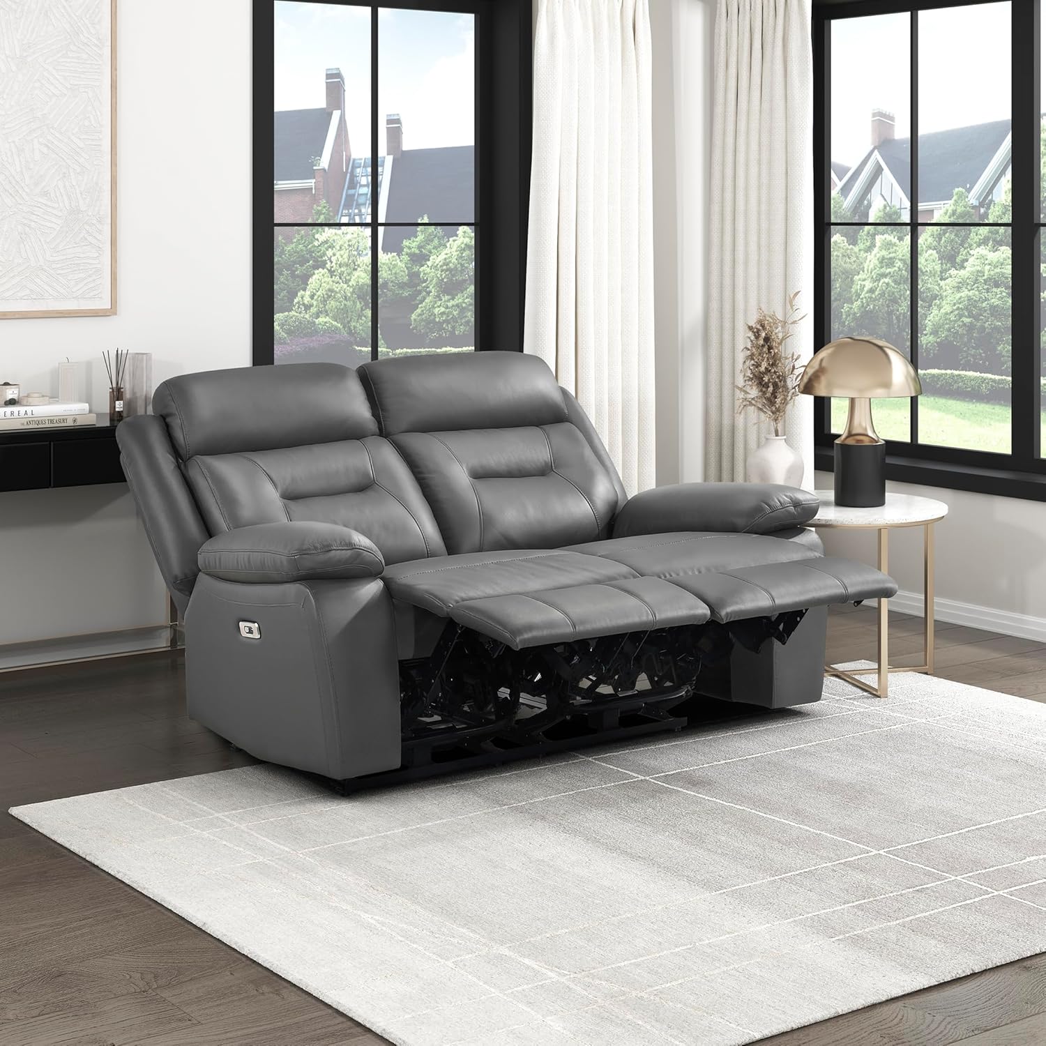 Lexicon Power Double Recliner Loveseat, Top Grain Leather Match Reclining Loveseat with Pillow Top Armrests, Home Theater Seating, Wall Hugger Recliner Love Seat with USB Port, 62.5" W, Dark Gray