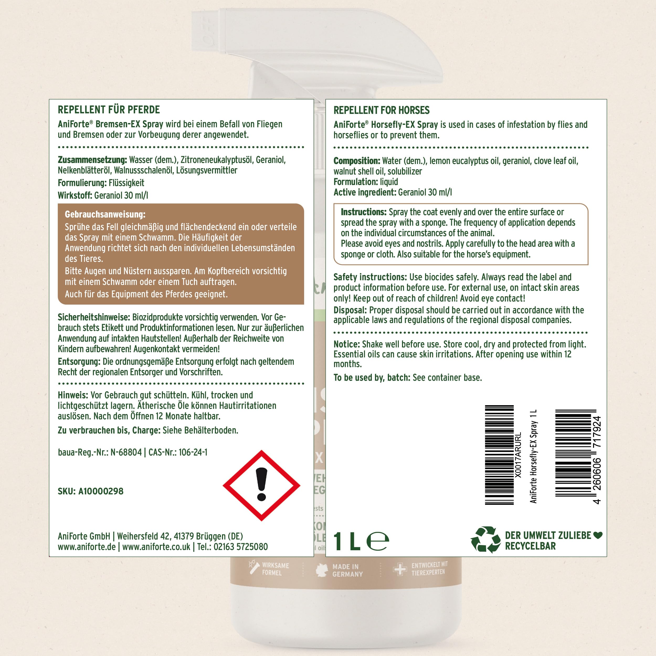 AniForte Spray contra tábanos para caballos 1L - Repelente eficaz de larga duración