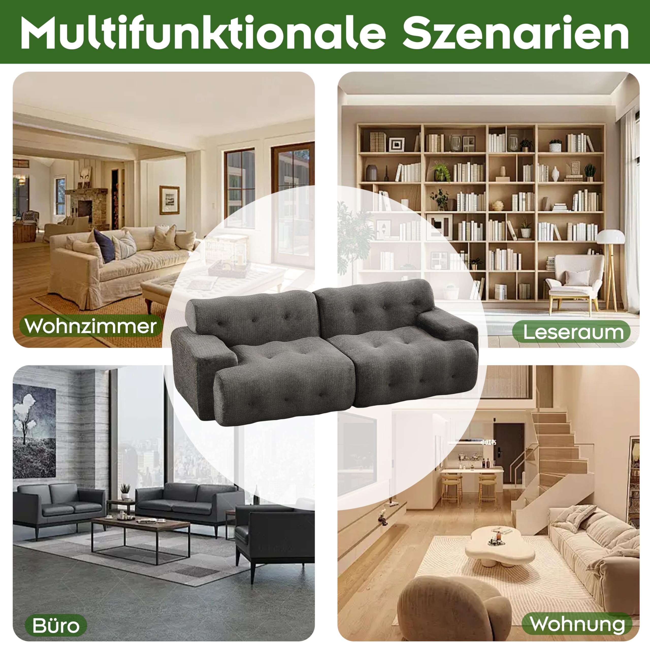 Cloud Sofa 2-osobowa, bardzo duża – modułowa sofa boneless z ornamentem na guziki, szerokie podłokietniki, szenilowe, łukowate, bez montażu, do salonu, szara