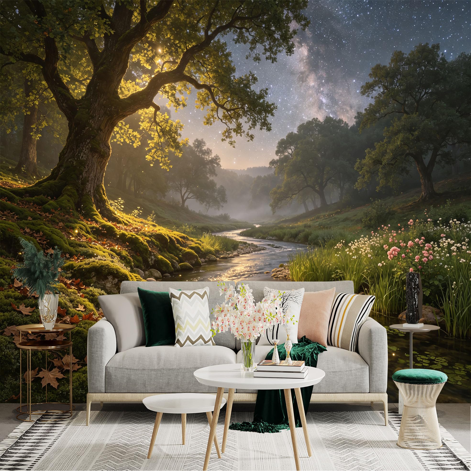 Lnzczhyre Bh260719065 Custom Size Wall Sticker Mural， Enchanted Forest Stream， Glowing Old Oak Tree， Twilight Galaxy Sky， Serene Nature Scenery， For Wall Decoration， Peelandstick Wall Decals.