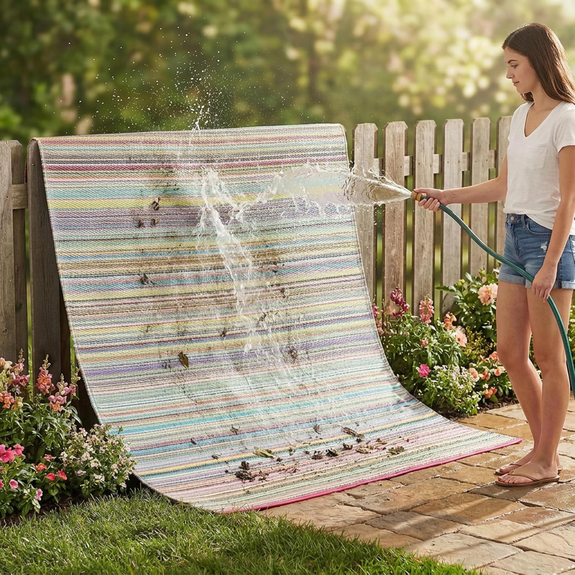 FAB HAB Outdoor-Teppich Cancun – Recycelter Kunststoff – Wetterfest, Wendbar, UV-beständig – Gestreift - Candy - 240x300 cm