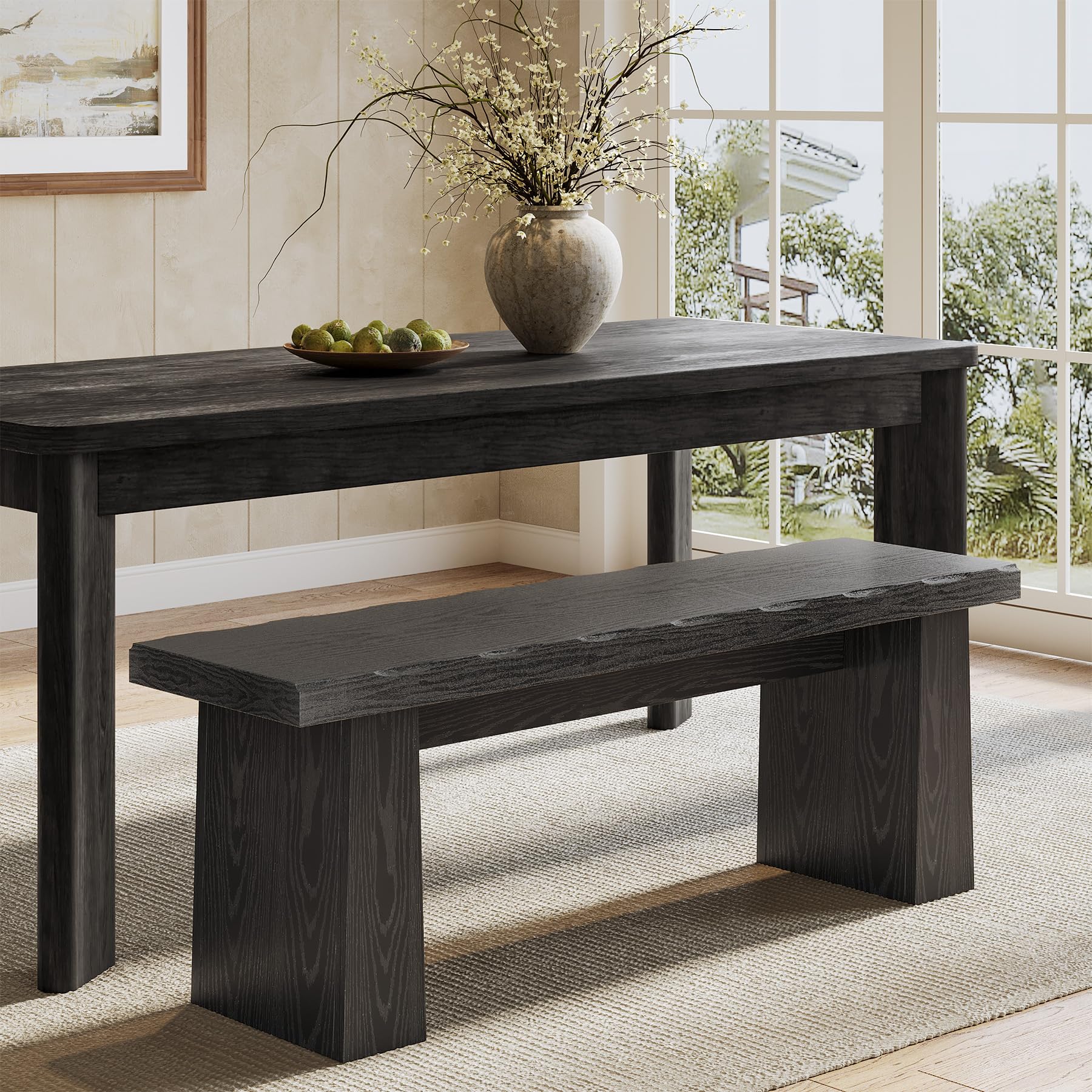 LITTLE TREE 47-Inch Wooden Entryway Bench, Farmhouse Dining Bench with Sturdy Frame for Dining Room, Bedroom, Living Room Hallway Kitchen, Easy Assembly (Black)
