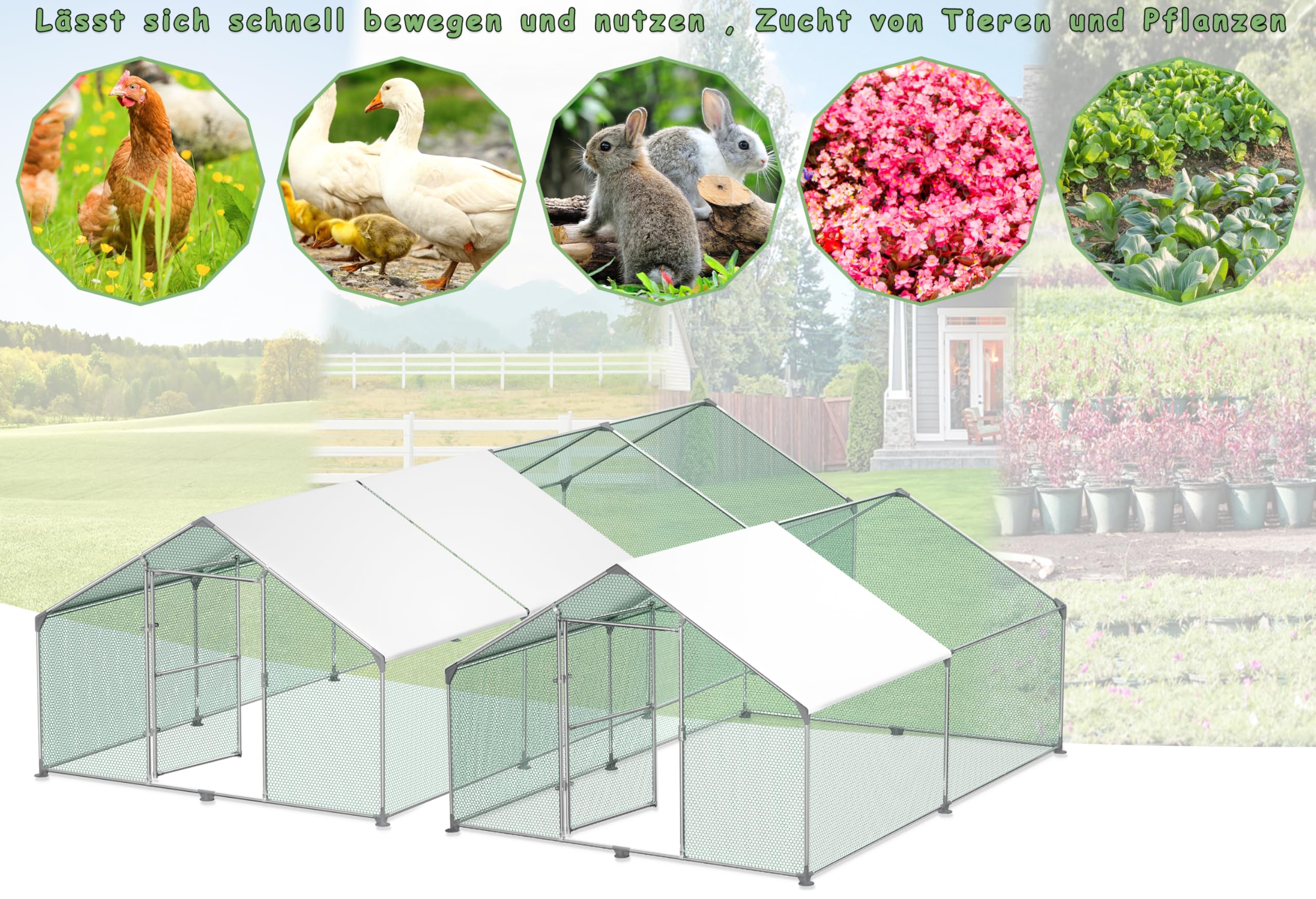 Aufun Vrijloophok 3 x 6 x 2 m, kippenhok, huisdierkooi, buitenren