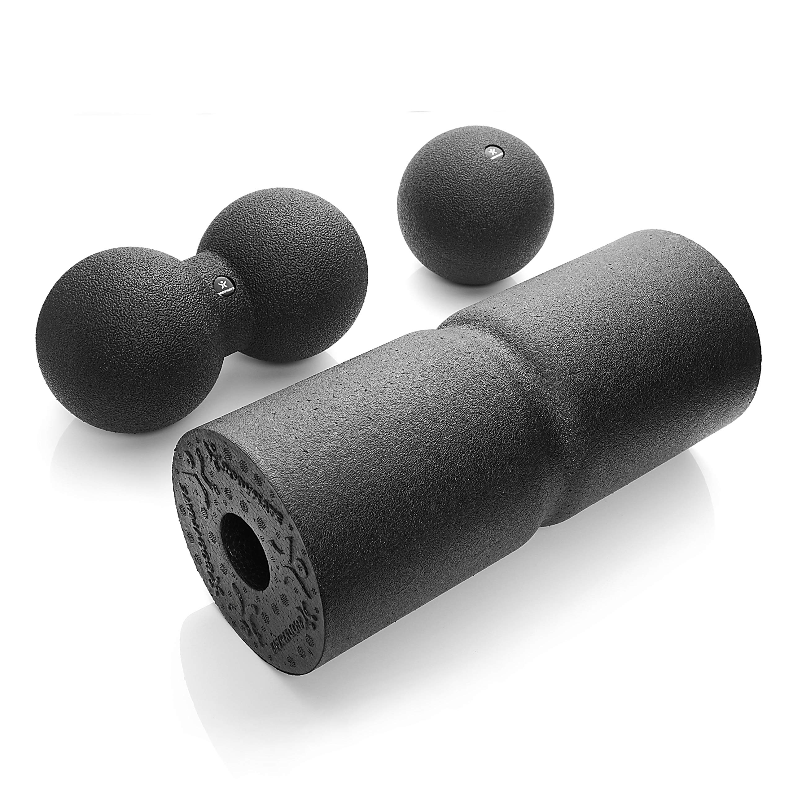 BODYMATE Set miofascial Care con Rodillo 35x14 cm de dureza Media con surco Circular para liberar la Columna Vertebral, Pelota Individual de 12 cm y Pelota Doble de 12x24 cm en Negro | Incluye e-Book